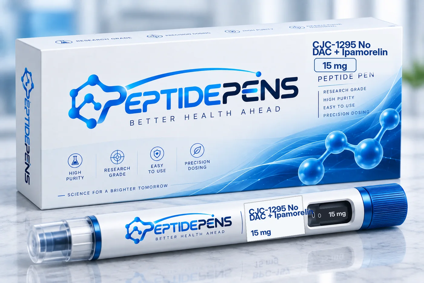CJC-1295 No DAC + Ipamorelin Pen mit 15 mg, Pen und Verpackung